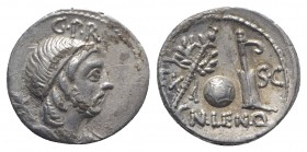 Cn. Lentulus, Spanish(?) mint, 76-75 BC. AR Denarius (18mm, 3.85g, 6h). Diademed and draped bust of Genius r., with sceptre over shoulder. R/ Sceptre ...