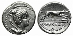 C. Postumius, Rome, 73 BC. AR Denarius (18mm, 3.83g, 6h). Draped bust of Diana r., bow and quiver over shoulder. R/ Hound running r.; spear below, TA ...