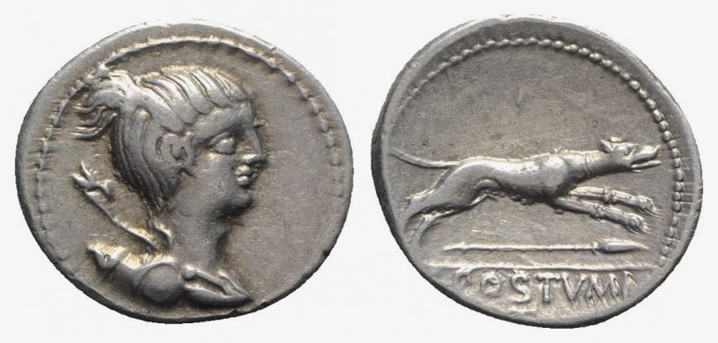 C. Postumius, Rome, 73 BC. AR Denarius (19mm, 3.93g, 5h). Draped bust of Diana r...