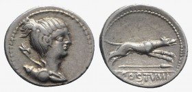 C. Postumius, Rome, 73 BC. AR Denarius (19mm, 3.93g, 5h). Draped bust of Diana r., bow and quiver over shoulder. R/ Hound running r.; spear below, TA ...