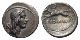 C. Piso L.f. Frugi, Rome, 61 BC. AR Denarius (16mm, 3.93g, 7h). Head of Apollo r., hair bound with taenia; N behind. R/ Horseman galloping l. Crawford...