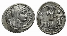 L. Aemilius Lepidus Paullus, Rome, 62 BC. AR Denarius (20.75mm, 3.90g, 4h). Veiled and diademed head of Concordia r. R/ Trophy; to l., three captives ...