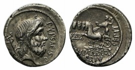 P. Plautius Hypsaeus, Rome, 57 BC. AR Denarius (18mm, 3.97g, 9h). Head of Neptune r.; trident behind. R/ Jupiter driving galloping quadriga l., holdin...