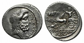 P. Plautius Hypsaeus, Rome, 57 BC. AR Denarius (19mm, 3.68g, 5h). Head of Neptune r.; [trident behind]. R/ Jupiter driving galloping quadriga l., hold...