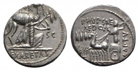 M. Aemilius Scaurus and Pub. Plautius Hypsaeus, Rome, 58 BC. AR Denarius (17mm, 3.71g, 7h). Nabatean king Aretas kneeling r., holding reins and olive ...