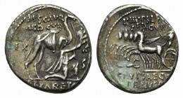 M. Aemilius Scaurus and Pub. Plautius Hypsaeus, Rome, 58 BC. AR Denarius (17mm, 3.90g, 7h). Nabatean king Aretas kneeling r., holding reins and olive ...