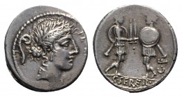C. Servilius C.f., Rome, 53 BC. AR Denarius (18mm, 3.89g, 6h). Head of Flora r., wearing wreath of flowers; lituus to l. R/ Two warriors facing each o...