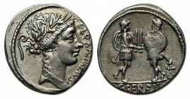 C. Servilius C.f., Rome, 53 BC. AR Denarius (18mm, 3.99g, 6h). Head of Flora r., wearing wreath of flowers; lituus to l. R/ Two warriors facing each o...