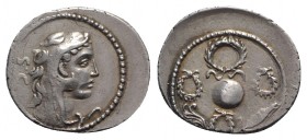 Faustus Cornelius Sulla, Rome, 56 BC. AR Denarius (20.5mm, 3.84g, 11h). Head of young Hercules r., wearing lion's skin headdress; SC above FAVSTVS mon...