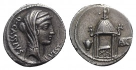 Q. Cassius Longinus, Rome, 55 BC. AR Denarius (19mm, 3.87g, 6h). Veiled head of Vesta r. R/ Curule chair within temple of Vesta; urn to l., voting tab...
