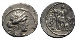 P. Licinius Crassus M.f., Rome, 55 BC. AR Denarius (18mm, 3.41g, 3h). Diademed and draped bust of Venus r. R/ Soldier standing l., holding spear and l...