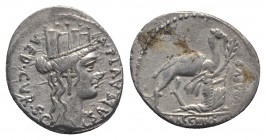 A. Plautius, Rome, 55 BC. AR Denarius (19mm, 3.88g, 9h). Turreted head of Cybele r. R/ Bacchius Judaeus (Aristobulus II, High Priest and King of Judae...