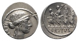Q. Servilius Caepio (M. Junius) Brutus, Rome, 54 BC. AR Denarius (19mm, 4.15g, 5h). Head of Libertas r. R/ The consul L. Junius Brutus walking l. betw...