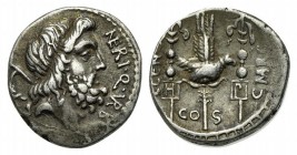 Cn. Nerius, Rome, Spring 49 BC. AR Denarius (17mm, 4.11g, 3h). Head of Saturn r., harpa over shoulder. R/ Aquila between two signa inscribed H (hastat...