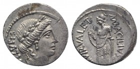 Roman Imperatorial, Man. Acilius Glabrio, Rome, 49 BC. AR Denarius (18.5mm, 3.82g, 6h). Laureate head of Salus r. R/ Salus standing l. against column,...