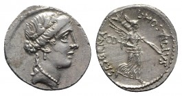 Roman Imperatorial, L. Hostilius Saserna, Rome, 48 BC. AR Denarius (19mm, 3.91g, 2h). Diademed female head (Pietas or Clementia?) r., wearing oak wrea...