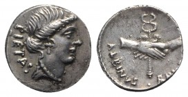 Roman Imperatorial, Albinus Bruti f., Rome, 48 BC. AR Denarius (17mm, 3.93g, 6h). Bare head of Pietas r. R/ Clasped hands holding winged caduceus. Cra...