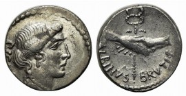 Roman Imperatorial, Albinus Bruti f., Rome, 48 BC. AR Denarius (17mm, 3.83g, 7h). Bare head of Pietas r. R/ Clasped hands holding winged caduceus. Cra...