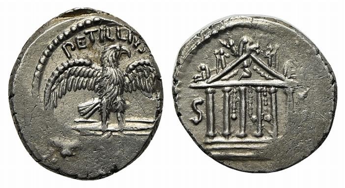 Petillius Capitolinus, Rome, 41 BC. AR Denarius (17.03mm, 3.98g, 2h). Eagle stan...