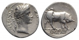 Augustus (27 BC-AD 14). AR Denarius (19mm, 3.66g, 6h). Lugdunum, 11 BC. Bare head r. R/ Bull butting r. RIC I 176a; RSC 153. VF