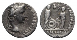 Augustus (27 BC-AD 14). AR Denarius (17mm, 3.55g, 2h). Lugdunum, 2 BC-AD 4. Laureate head r. R/ Caius and Lucius Caesars standing facing, holding shie...