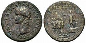 Gaius (Caligula, 37-41). Æ Sestertius (36mm, 26.83g, 6h). Rome, AD 37. Laureate head l. R/ Caligula standing l. on platform, curule chair behind, exte...