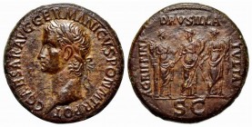 Gaius (Caligula, 37-41). Æ Sestertius (35mm, 25.68g, 6h). Rome, 37-8. Laureate head l. R/ Caligula’s three sisters standing facing: Agrippina (as Secu...