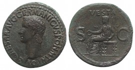 Gaius (Caligula, 37-41). Æ As (30mm, 12.32g, 6h). Rome, 37-8. Bare head l. R/ Vesta seated l. on ornamental throne, holding patera and sceptre. RIC I ...