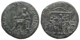 Gaius (Caligula, 37-41). Æ Sestertius (36mm, 28.49g, 6h). Rome, 39-40. Pietas, veiled seated l., holding patera and resting elbow resting on small sta...