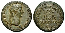 Claudius (41-54). Æ Sestertius (35mm, 26.78g, 7h). Rome, 41-2. Laureate head r. R/ Legend in four lines within oak wreath. RIC I 96. Green patina, Goo...
