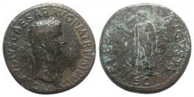 Claudius (41-54). Æ Sestertius (35mm, 28.98g, 6h). Rome, 41-2. Laureate head r. R/ Spes advancing l., holding flower and raising hem of skirt. RIC I 9...
