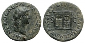 Nero (54-68). Æ As (26mm, 10.19g, 6h). Rome, c. AD 66. Laureate head r. R/ Three-quarter view of the Temple of Janus, garland hung across double doors...