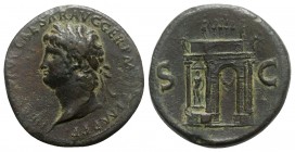 Nero (54-68). Æ Sestertius (33mm, 27.41g, 6h). Lugdunum, c. AD 65. Laureate head l., globe at point of neck. R/ Triumphal arch surmounted by emperor i...