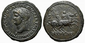 Nero (54-68). Æ Sestertius (37mm, 24.48g, 7h). Lugdunum, c. AD 65. Laureate head l., globe at point of neck. R/ Nero on horseback riding r., holding s...