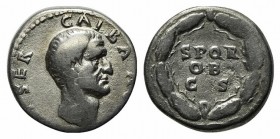 Galba (68-69). AR Denarius (17mm, 3.29g, 5h). Rome, c. July AD 68-January AD 69. Bare head r. R/ S P Q R/ OB/ C S in three lines within oak wreath. RI...