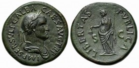 Galba (68-69). Æ Sestertius (35mm, 26.06, 7h). Rome, c. October AD 68. Laureate and draped bust r. R/ Libertas standing l., holding pileus and sceptre...