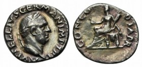 Vitellius (AD 69). AR Denarius (18mm, 3.43g, 6h). Rome, c. late April-20 December. Laureate head r. R/ Concordia seated l. on throne, holding patera a...