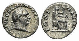 Vitellius (AD 69). AR Denarius (18mm, 2.80g, 7h). Rome, c. late April-20 December. Laureate head r. R/ Vesta seated r., holding sceptre and patera. RI...