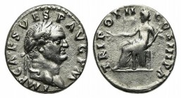Vespasian (69-79). AR Denarius (17mm, 3.45g, 6h). Rome, AD 71. Laureate head r. R/ Pax seated l., holding branch and caduceus. RIC II 41; RSC 566. VF