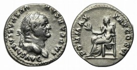 Vespasian (69-79). AR Denarius (19mm, 3.20g, 5h). Rome, AD 75. Laureate head r. R/ Pax seated l., holding branch. RIC II 772; RSC 366. VF