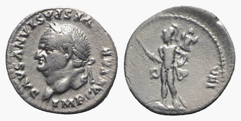 Vespasian (69-79). AR Denarius (18mm, 2.63g, 6h). Rome, 77-8. Laureate head l. R...