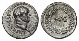 Vespasian (69-79). AR Denarius (18mm, 3.51g, 6h). Ephesus, AD 70. Laureate head r. R/ AVG in wreath; uncertain control mark. Cf. RIC II 1408; cf. RPC ...