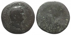 Vespasian (69-79). Æ Sestertius (31mm, 23.82g, 6h). “Judaea Capta” commemorative. Rome, AD 71. Laureate head r. R/ Palm tree; to l., bound male captiv...