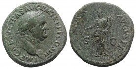 Vespasian (69-79). Æ Sestertius (32mm, 26.50g, 6h). Rome, AD 71. Laureate head r. R/ Pax standing l., holding olive branch and cornucopia. RIC II 243....