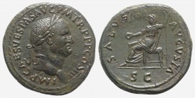 Vespasian (69-79). Æ Sestertius (33.5mm, 22.38g, 6h). Rome, AD 71. Laureate head r. R/ Salus seated l., holding patera and sceptre. RIC II 245. Green ...
