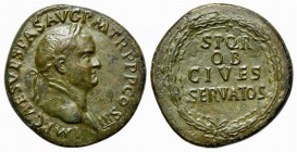 Vespasian (69-79). Æ Sestertius (33mm, 23.02g, 6h). Rome, AD 71. Laureate head r. R/ Legend in four lines within oak-wreath. RIC II 254. Glossy green ...