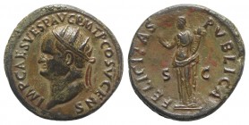 Vespasian (69-79). Æ Dupondius (27mm, 12.24g, 6h). Rome, AD 74. Radiate head l. R/ Felicitas standing l., holding caduceus and cornucopia. RIC II 716....