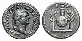 Divus Vespasian (died AD 79). AR Denarius (18mm, 3.33g, 6h). Rome, 80-1. Laureate head r. R/ Round shield, inscribed S C, set low on column, on which ...