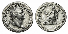 Titus (79-81). AR Denarius (18mm, 3.10g, 5h). Rome, AD 79. Laureate head r. R/ Ceres seated l., holding grain ears, poppy and torch. RIC II 22; RSC 27...