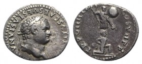 Titus (79-81). AR Denarius (17mm, 2.92g, 6h). “Judaea Capta” commemorative. Rome, AD 79. Laureate head r. R/ Trophy; below, Jewish male captive kneeli...
